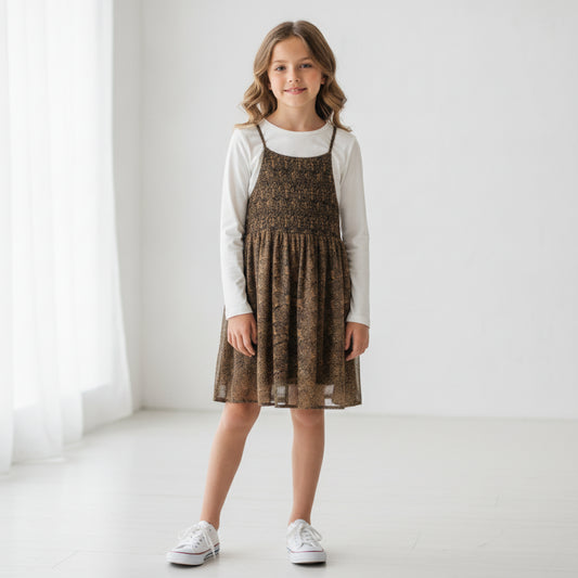 Leichte Sommerkleidung , Kleid kombiniert Langarmshirt sehr gefragt Mädchen 146/152