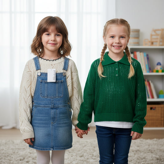 Set Schöne Strickpullover kurz Grün Lang Weiß Mädchen 122/128