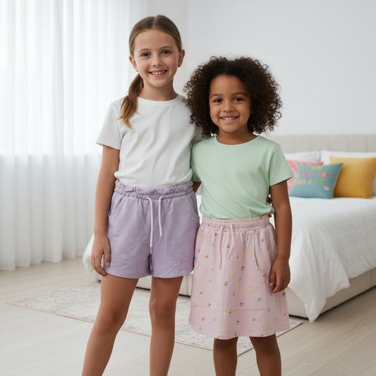 Set Rock rosa Motiv kurze lila Short Mädchen A-Ware 158/164