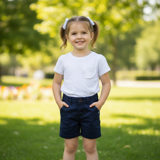 Set weißes T-Shirt kurze dunkelblaue Hose Mädchen A-Ware Sommerware 74/80