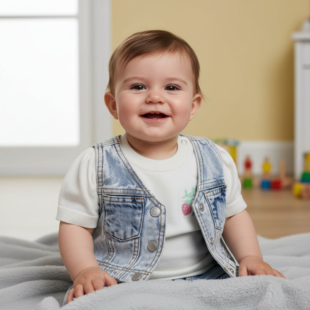 Set weißes T-Shirt Motiv Jeansweste kurz A-Ware Sommer Kids 74/80 Mädchen