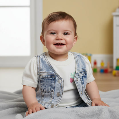 Set weißes T-Shirt Motiv Jeansweste kurz A-Ware Sommer Kids 74/80 Mädchen