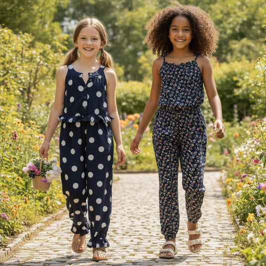 Zweier Set Leichte Jumpsuit Blumen Punkte Blau Mädchen 134/140