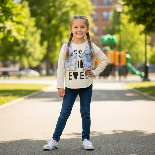 Set Jeansweste Langarmshirt Motiv Mädchen A-Ware 104/110