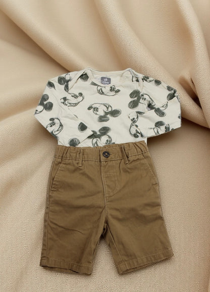 Set Body Motiv Mickey Kurze Braune Hose Jungs 86/92