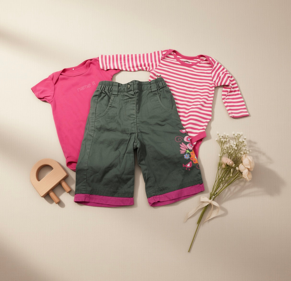Set Bodys Uni Gestreift Kurze Hose Grün Mädchen 68