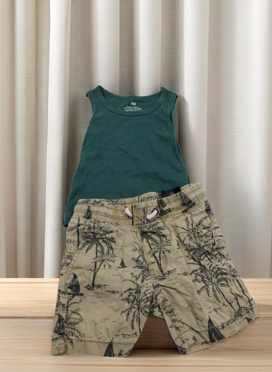 Set Grün T-Shirt Kurze Hose Motiv Jungs 92