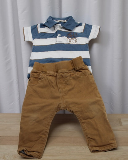 Set Poloshirt Blauweiß gestreift Braune Jeans Jungs 68