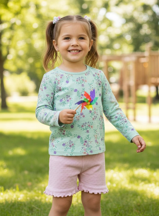 Set Kurze Hose Rosa Langarmshirt Grün Blumenmuster Mädchen 62