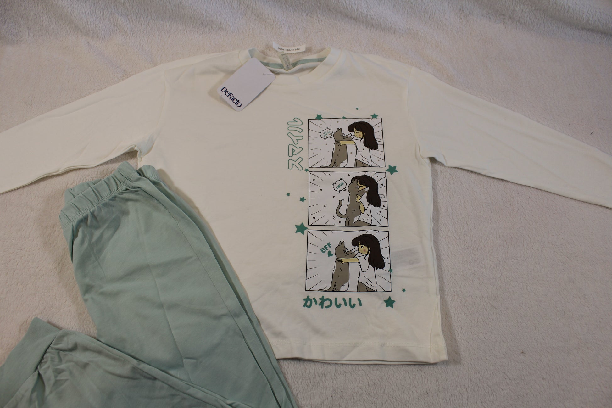 Light green pants and a white long-sleeve top featuring a cartoon girl and dog in comic panels with Japanese text, shown as part of Schlafanzug 110/116 set.