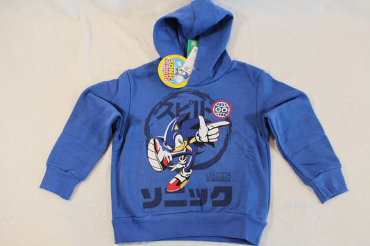 Blue hooded sweatshirt featuring a dynamic Sonic the Hedgehog graphic and Japanese text, branded as 110/116 Pullover Sonic, ideal for casual wear.