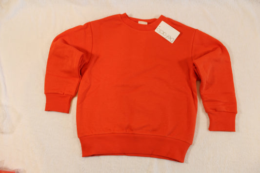 Bright orange crewneck sweatshirt with ribbed cuffs and hem, displayed flat with a small white tag visible, labeled 116/122 Uni Pullover.
