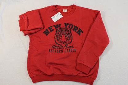 Red 140/146 Tiger Style Pullover with black New York tiger graphic and text, laid flat showing long sleeves and crew neck design.