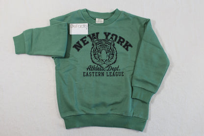 Green sweatshirt with black tiger graphic and New York text on front, styled as 110/116 Tiger Style, suitable for casual wear.