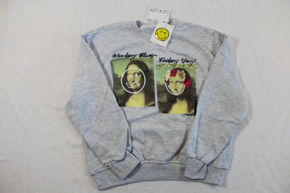 134/140 Monalisa Style Pullover in light gray featuring two modified Mona Lisa prints with playful smiley face graphics and text on the front.