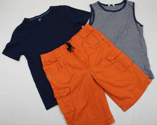 Set Orange Kurze Hose T-Shirt blau Ärmelloses Shirt Gestreift 134/140