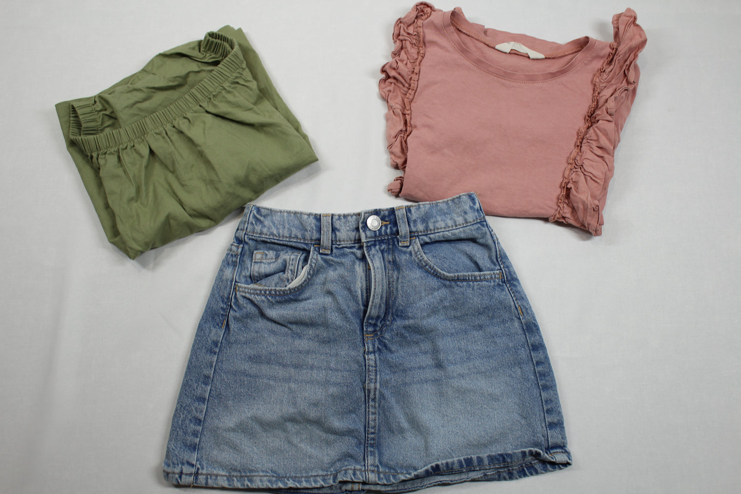 Set Jeansrock T-Shirts Uni Grün Rosa Mädchen 122/128