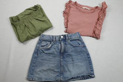 Set Jeansrock T-Shirts Uni Grün Rosa Mädchen 122/128