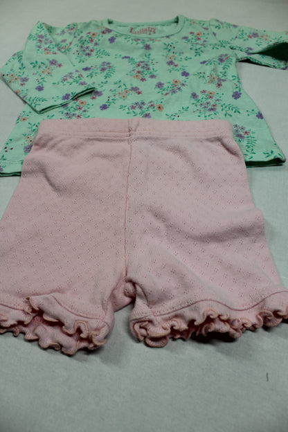 Set Kurze Hose Rosa Langarmshirt Grün Blumenmuster Mädchen 62