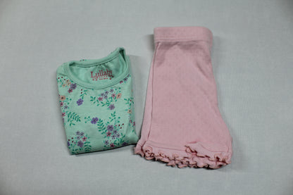 Set Kurze Hose Rosa Langarmshirt Grün Blumenmuster Mädchen 62