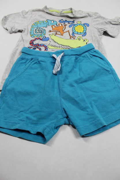 Set T-Shirt Grau Motiv Kurze Blaue Hose Jungs 92/98