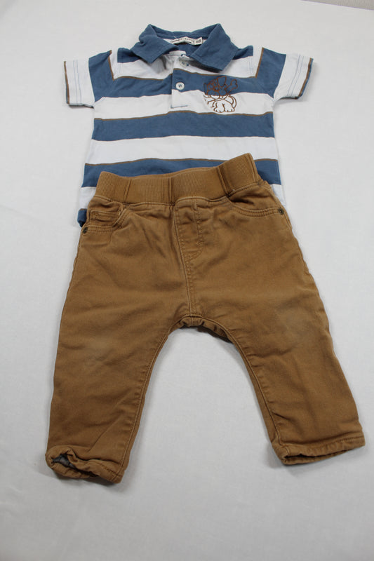 Set Poloshirt Blauweiß gestreift Braune Jeans Jungs 68