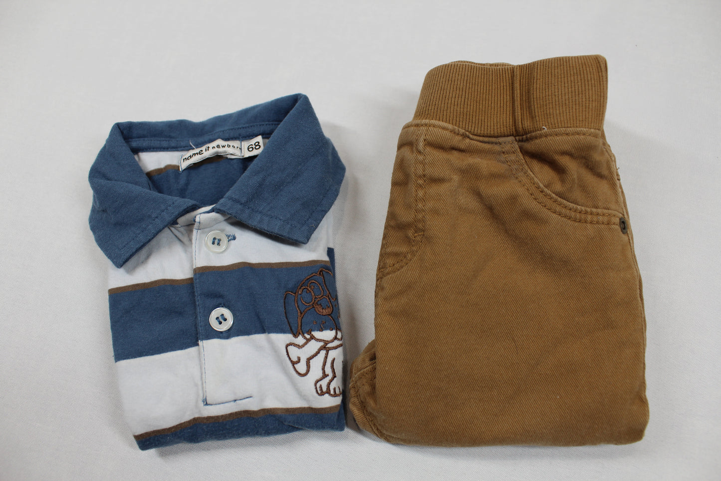 Set Poloshirt Blauweiß gestreift Braune Jeans Jungs 68