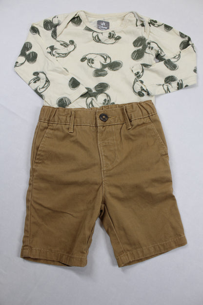 Set Body Motiv Mickey Kurze Braune Hose Jungs 86/92