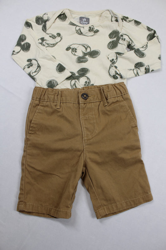 Set Body Motiv Mickey Kurze Braune Hose Jungs 86/92