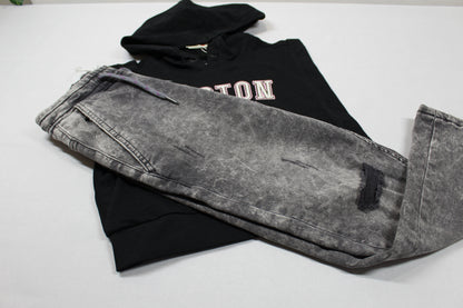 Set Stylische Kombi Jeans schwarzes T-Shirt mit Kapuze Mädchen, sehr gefragt 122/128