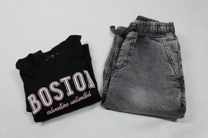Set graue Jeans schwarzes T-Shirt mit Kapuze, A-Ware  Mädchen 122/128