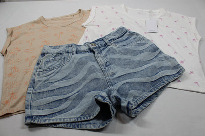 Sommerset 2 T-Shirts Uni mit Motiv kurze Bluejeans Wellenmuster Mädchen A-Ware 158/164