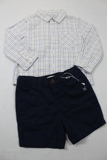 Set kurze dunkelblaue Hose Weiß kariertes Langarm Hemd Jungs A-Ware 74/80