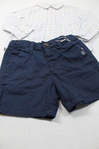Set kurze dunkelblaue Hose Weiß kariertes Langarm Hemd Jungs A-Ware 74/80