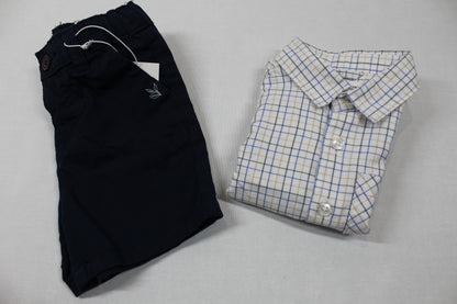 Set kurze dunkelblaue Hose Weiß kariertes Langarm Hemd Jungs A-Ware 74/80