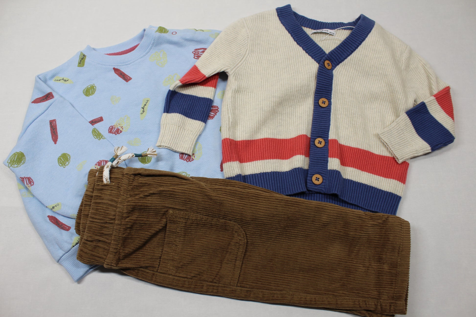 Set blauer Pullover Strickweste beige braune Korthose Jungs A-Ware 74/80