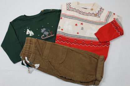 Set Wintermode Langarmshirt grün Strickpullover braune Korthose Jungs A-Ware 74/80