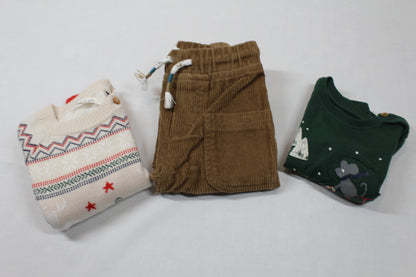 Set Wintermode Langarmshirt grün Strickpullover braune Korthose Jungs A-Ware 74/80