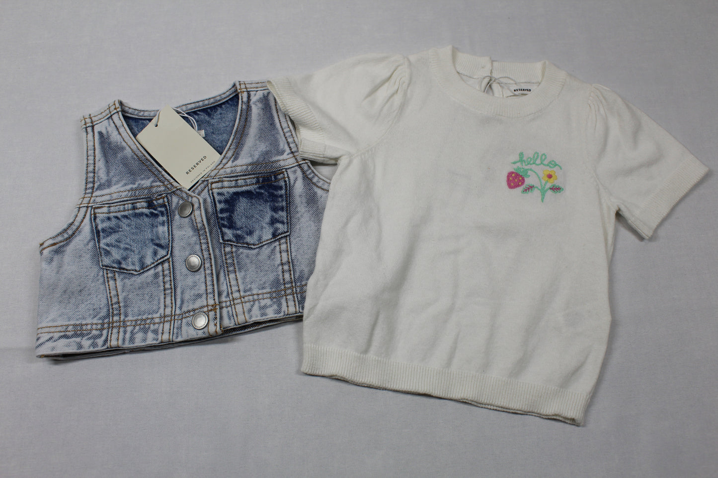 Set weißes T-Shirt Motiv Jeansweste kurz A-Ware Sommer Kids 74/80 Mädchen