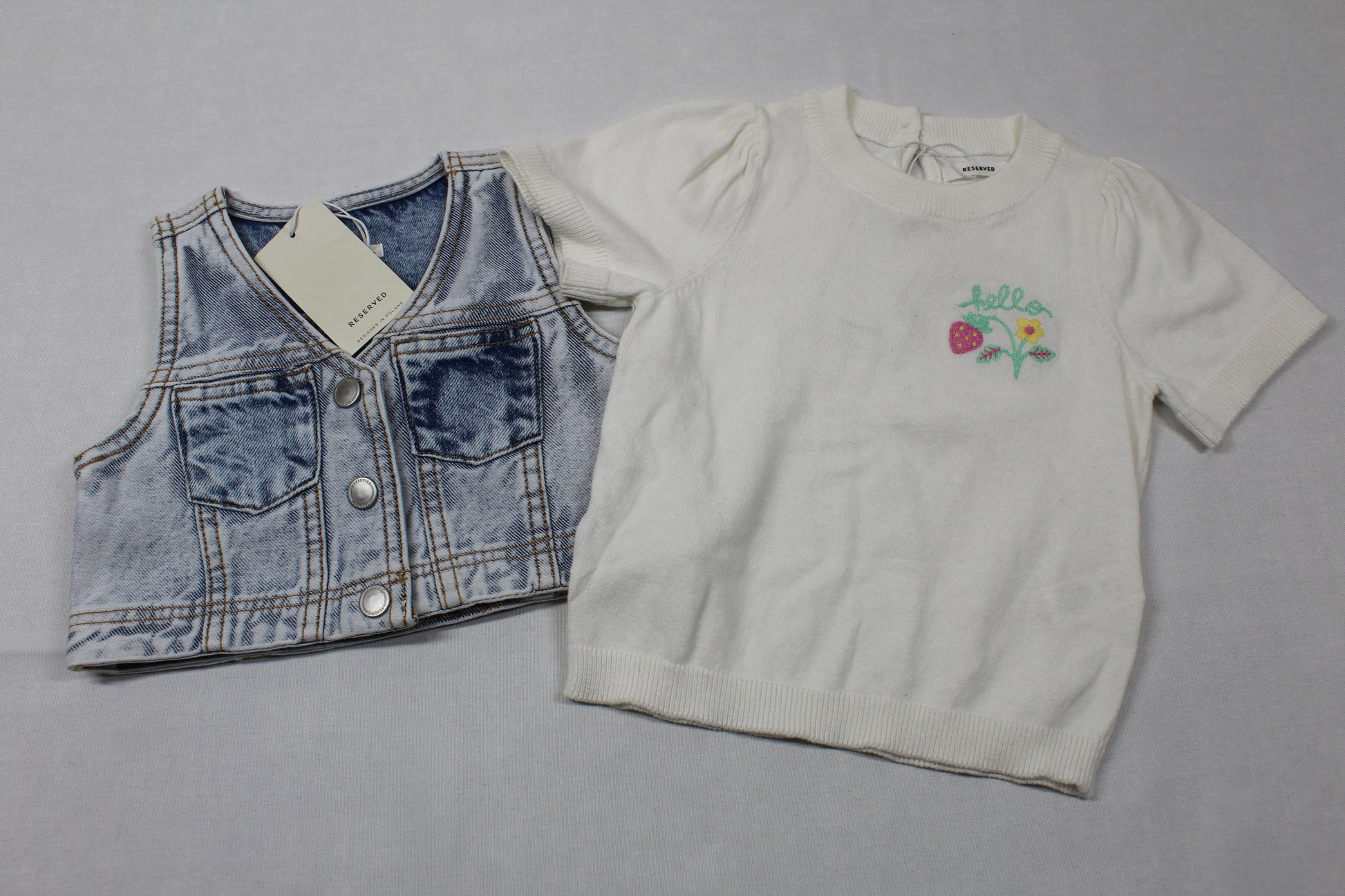 Set weißes T-Shirt Motiv Jeansweste kurz A-Ware Sommer Kids 74/80 Mädchen