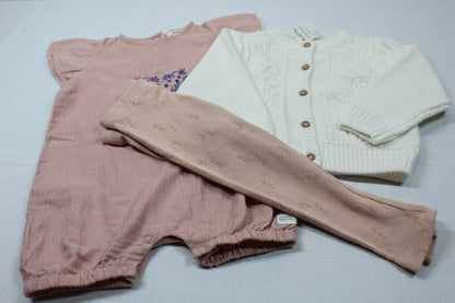 Set Body dunkelrosa weiße Strickweste hellbraune Leggins Mädchen A-Ware 68/74