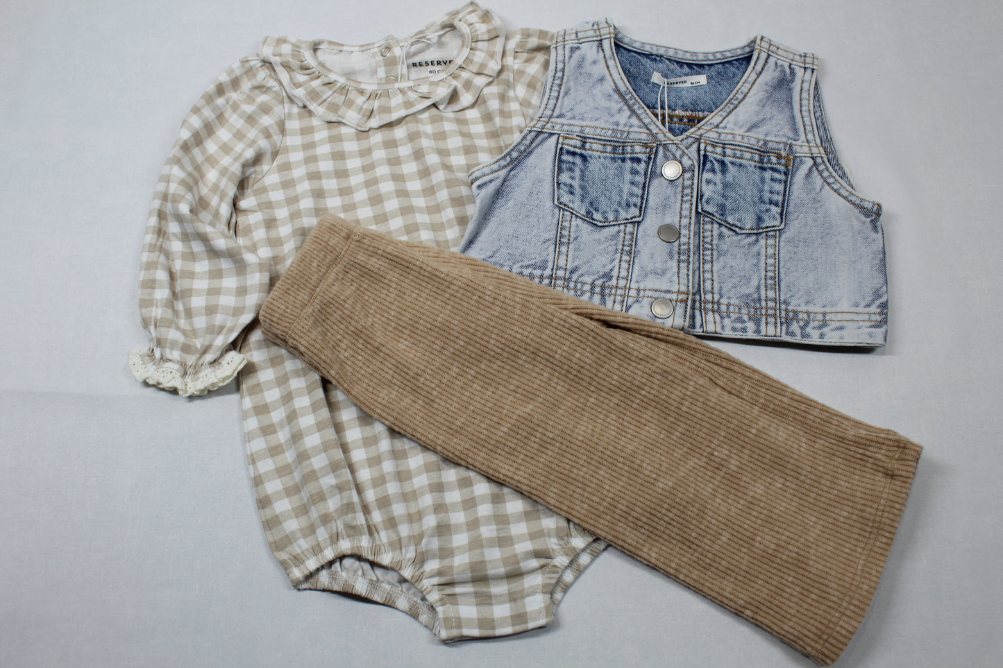 Set Body kariert Jeansweste braune Jogginghose Mädchen A-Ware Sommer Kids 74/80
