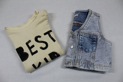 Set Jeansweste Langarmshirt Motiv Mädchen A-Ware 104/110