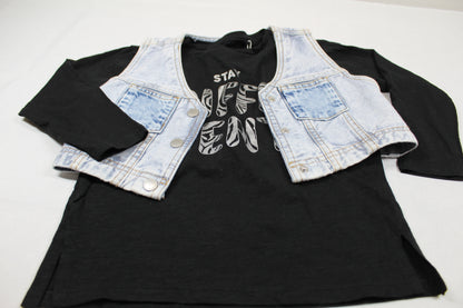 Set leichtes Langarmshirt schwarz Jeansweste Mädchen A-Ware 110/116