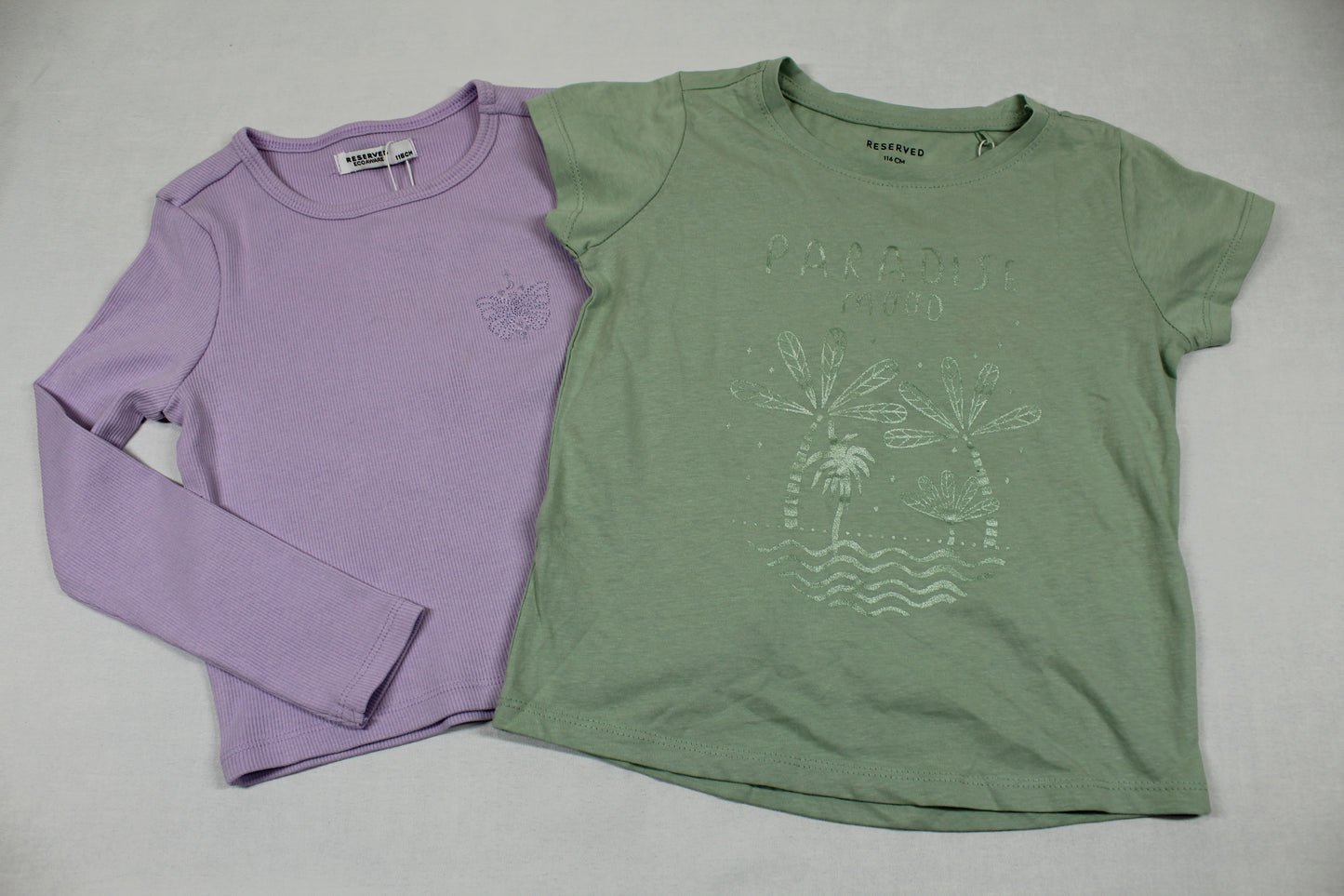 Set lila Langarmshirt grünes T-Shirt Motiv Mädchen Sommerware 110/116