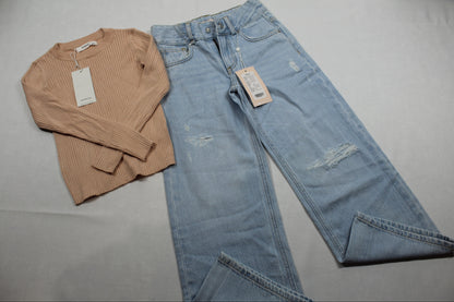 Baggyjeans + Langarmshirt beige blau 128