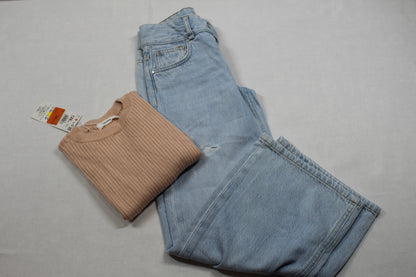 Baggyjeans + Langarmshirt beige blau 128