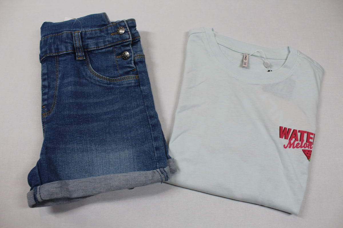Set Latzhose Jeans kurz T-Shirt Mädchen 134/140 Outlet