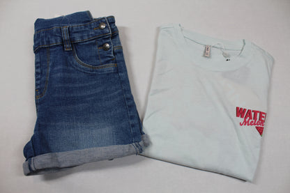 Set Latzhose Jeans kurz T-Shirt Mädchen 134/140 Outlet